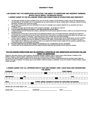 Indemnity Form I Am Aware that the Associated Bungee Jumping Bungeejumping Co