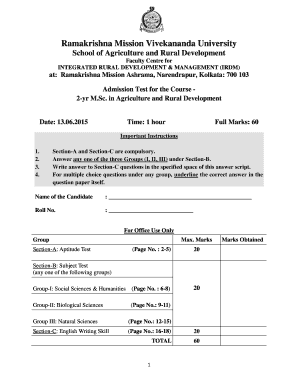 Rahara Ramakrishna Mission Admission Test Question Paper for Class 1  Form