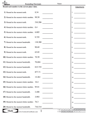 Round Each Number to the Correct Place Value  Form