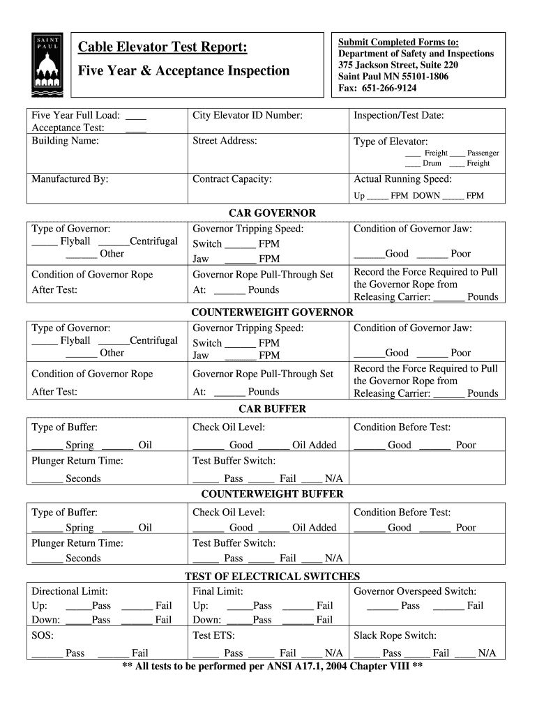 CABLE ELEVATOR FIVE YEAR INSPECTION TEST REPORT Stpaul  Form