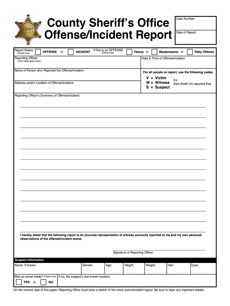 County Sheriff's Office Offense Incident Report  Form