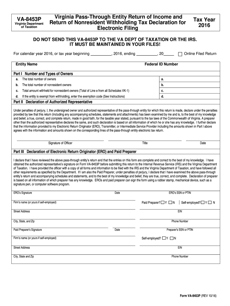  Form VA 8453P Virginia Department of Taxation Commonwealth Tax Virginia 2016