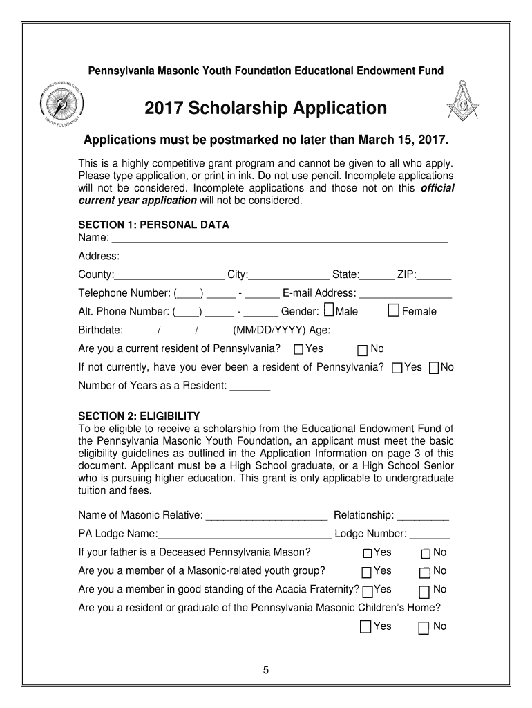  Scholarship Application Pennsylvania Masonic Youth Foundation 2017-2024