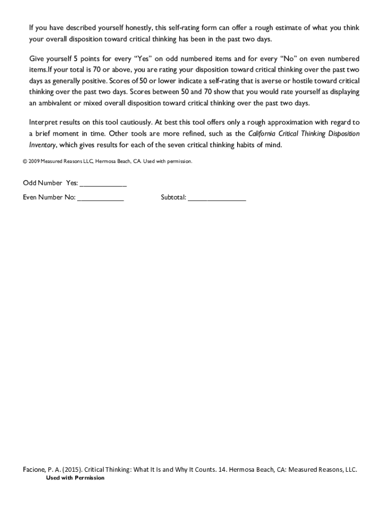 Critical Thinking Mindset Self Rating Form