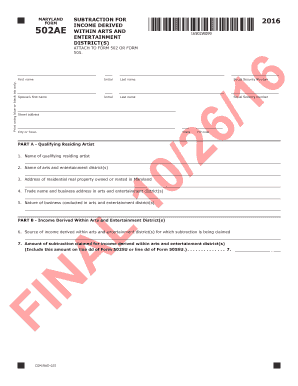 Subtraction for Income Derived within Arts and Entertainment Districts  Form