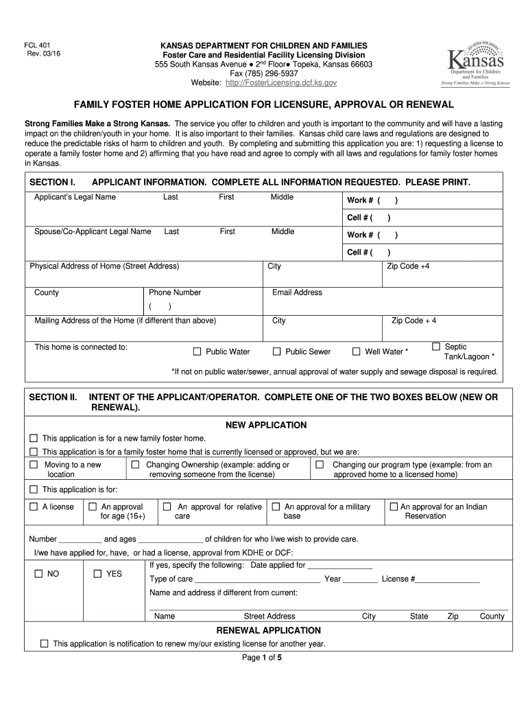  FCL 401 Application Kansas Department for Children and Families Dcf Ks 2016
