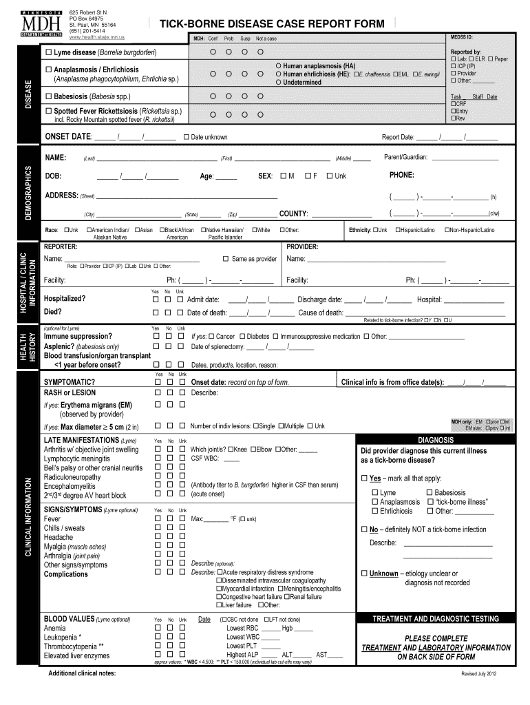 Tickborne Disease Case Report Form PDF Health State Mn