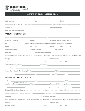 Maternity Pre Admission Texas Health Presbyterian Hospital  Form