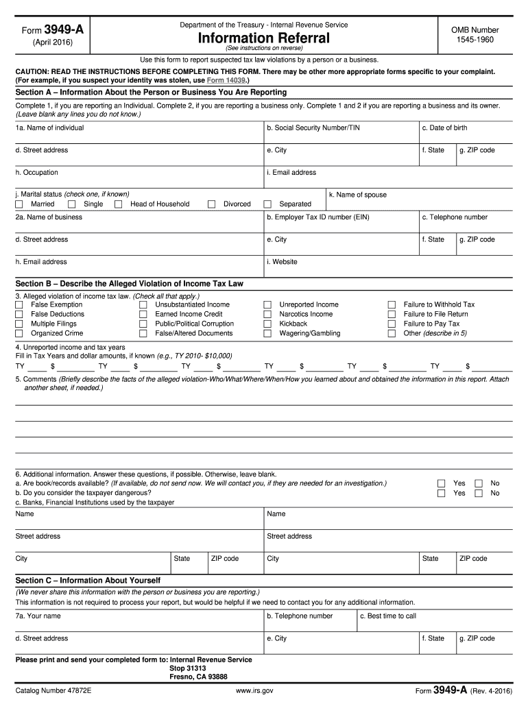  Form 3949 a 2016
