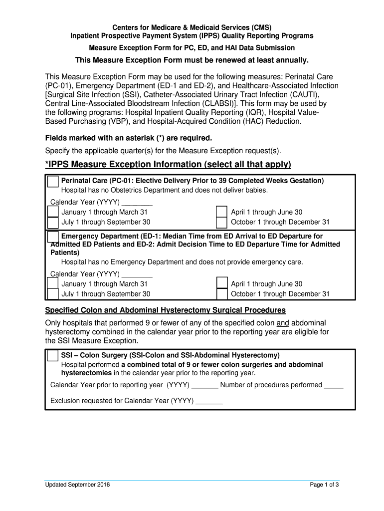  IPPS Measure Exceptions Form Centers for Medicare & Medicaid Services CMS Hospital Inpatient Quality Reporting IQR Program H 2016