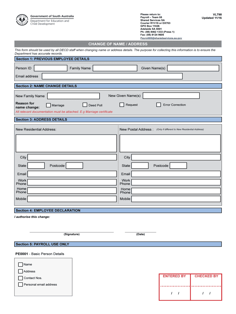 VL798 Change of NameAddress Form to Allow Existingpast Employees to Change Their Contact Details