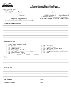 Physical Therapy Plan of CareOrders Livingresources  Form