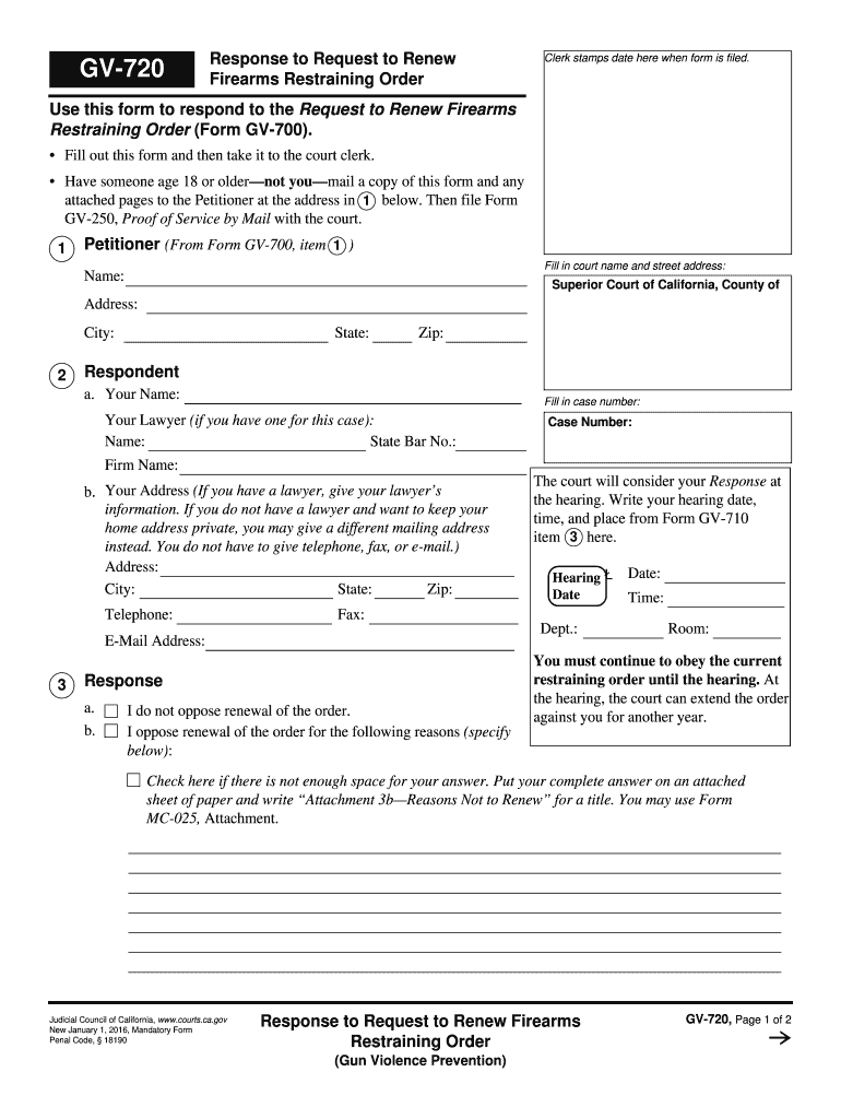  GV 720 Response to Request to Renew Firearms Restraining Order Judicial Council Forms  Courts Ca 2016