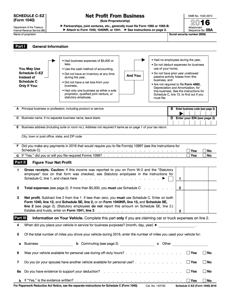  1040 Schedule C Ez  Form 2016