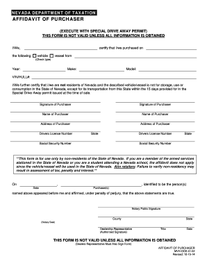 Affidavit of Purchaser for Drive Away Permits Nevada Department Form