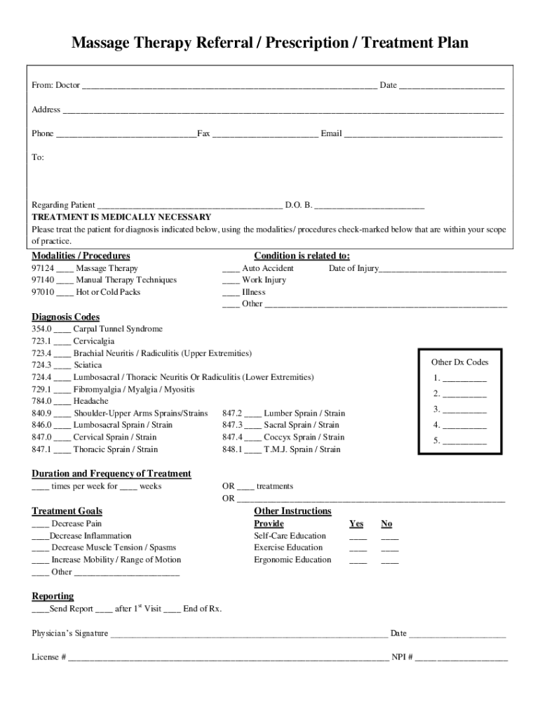 Massage Therapy Referral Prescription Treatment Plan  Form