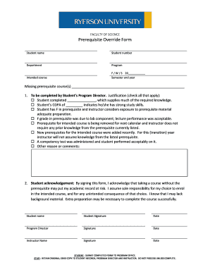 FACULTY of SCIENCE Prerequisite Override Form Ryerson