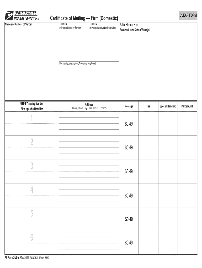  PS Form 3665 Certificate of Mailing Firm Domestic 2017-2024