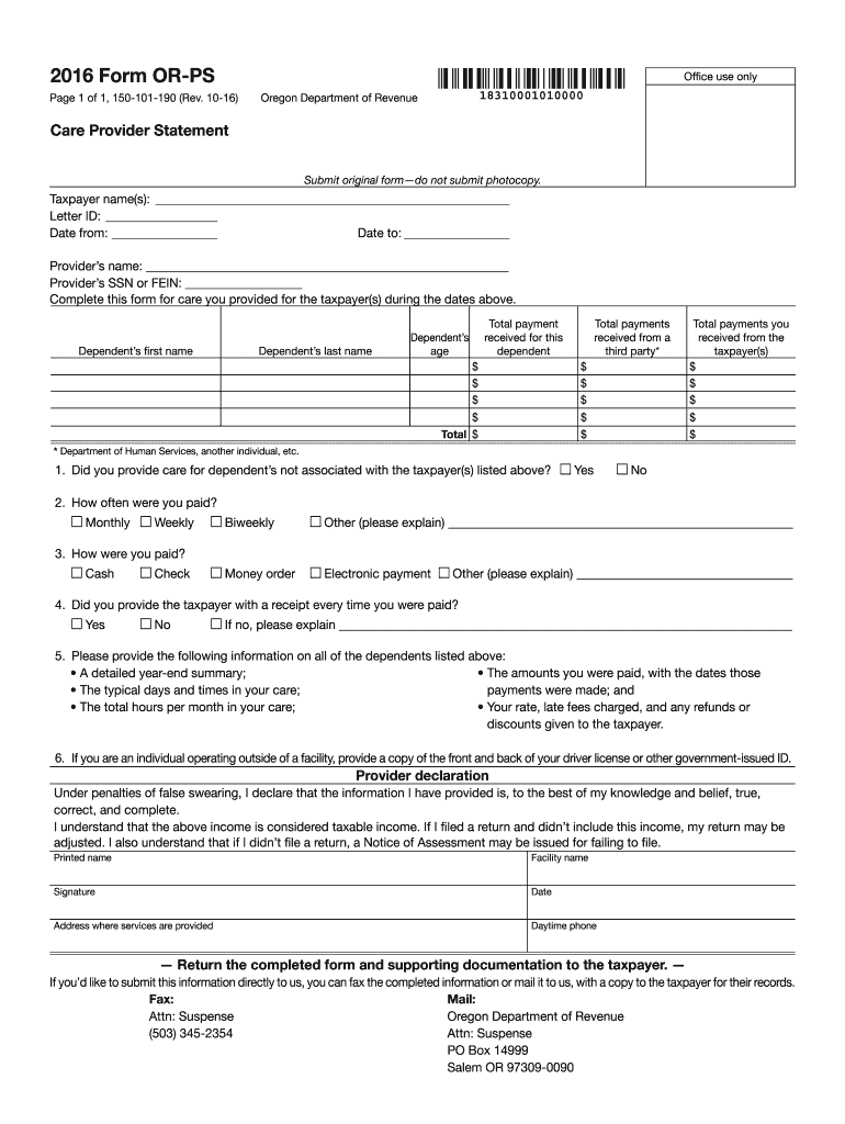  Form or PS, Care Provider Statement, 150 101 190 Oregon 2016