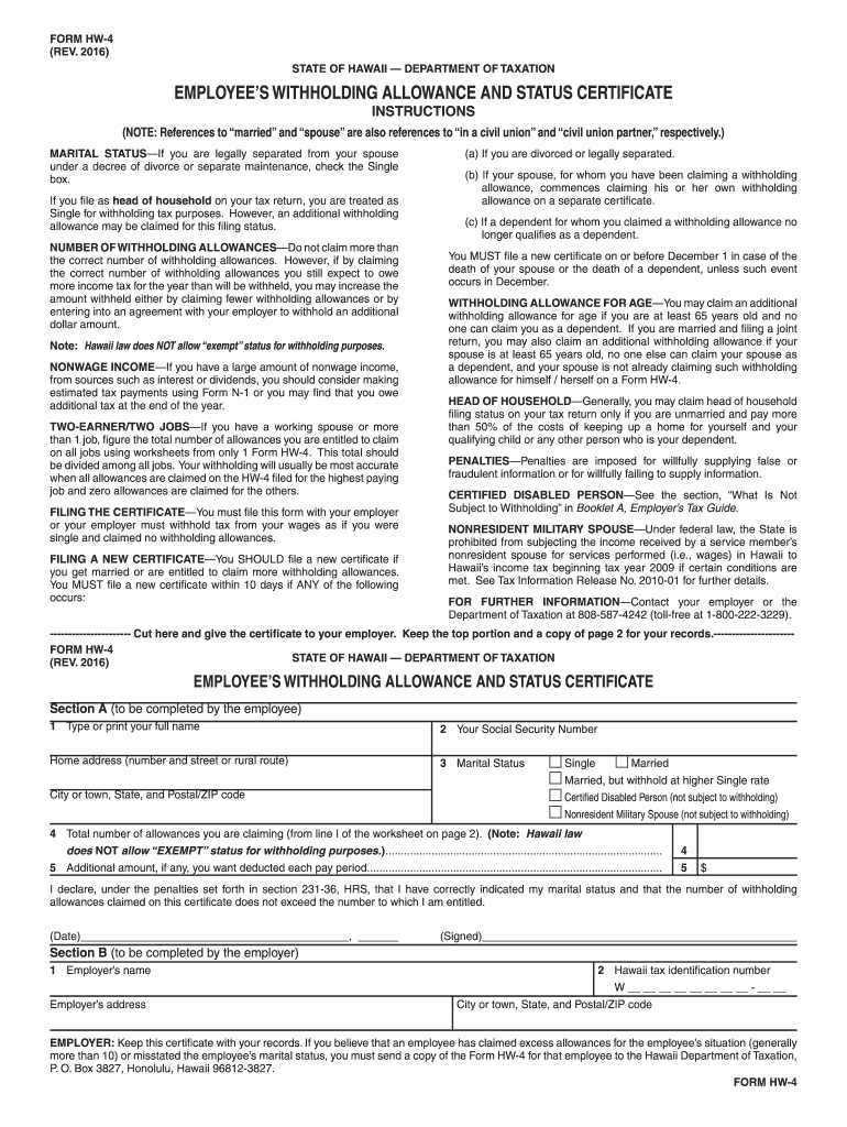  Form HW 4 Rev Employee's Withholding Allowance and Status Certificate Forms 2016