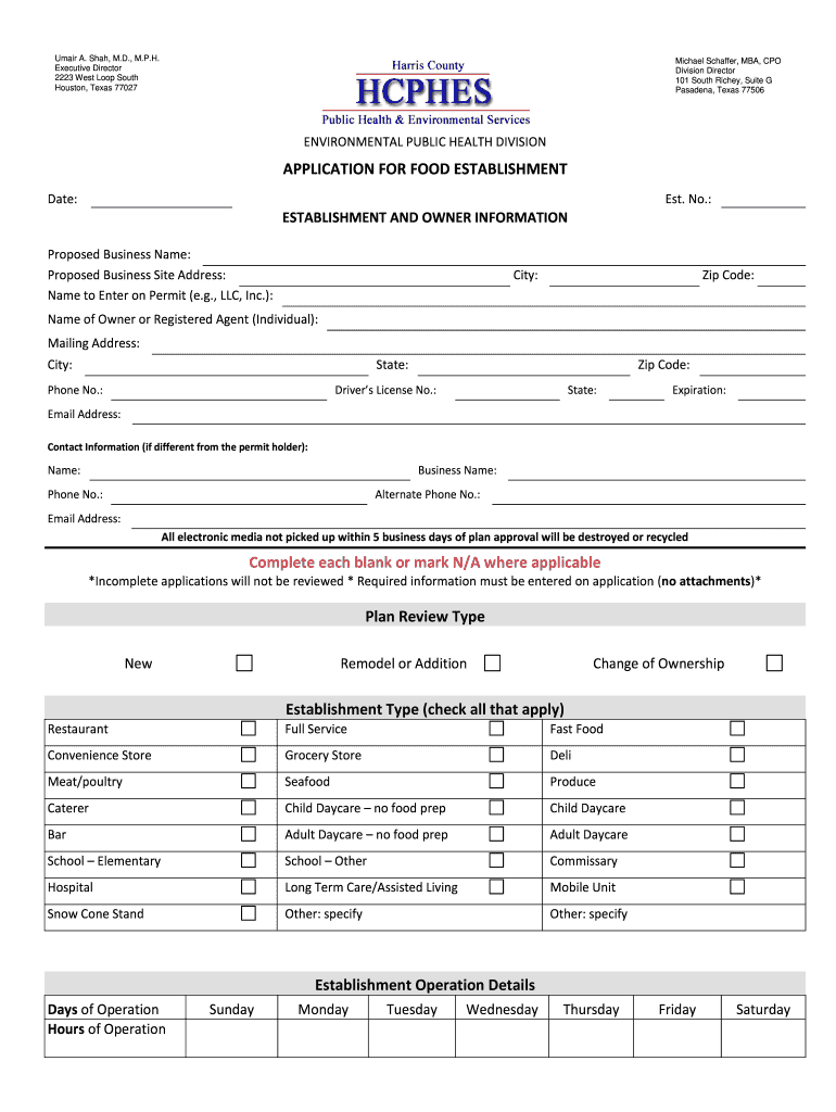 APPLICATION for FOOD ESTABLISHMENT Complete Hcphes  Form