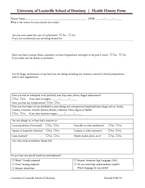  University of Louisville School of Dentistry Health History Form 2013-2024