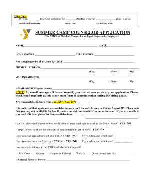 SUMMER CAMP COUNSELOR APPLICATION Ymcamv  Form