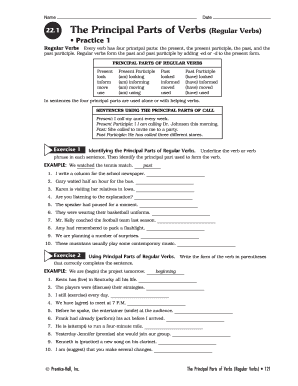 Principal Parts of Verbs Worksheets PDF  Form