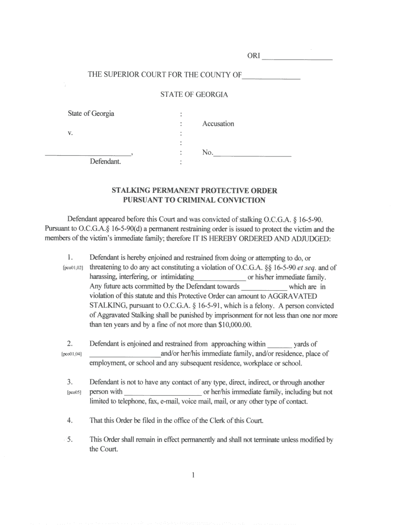 GA Stalking Permanent Protective Order Pursuant to Criminal Conviction  Form