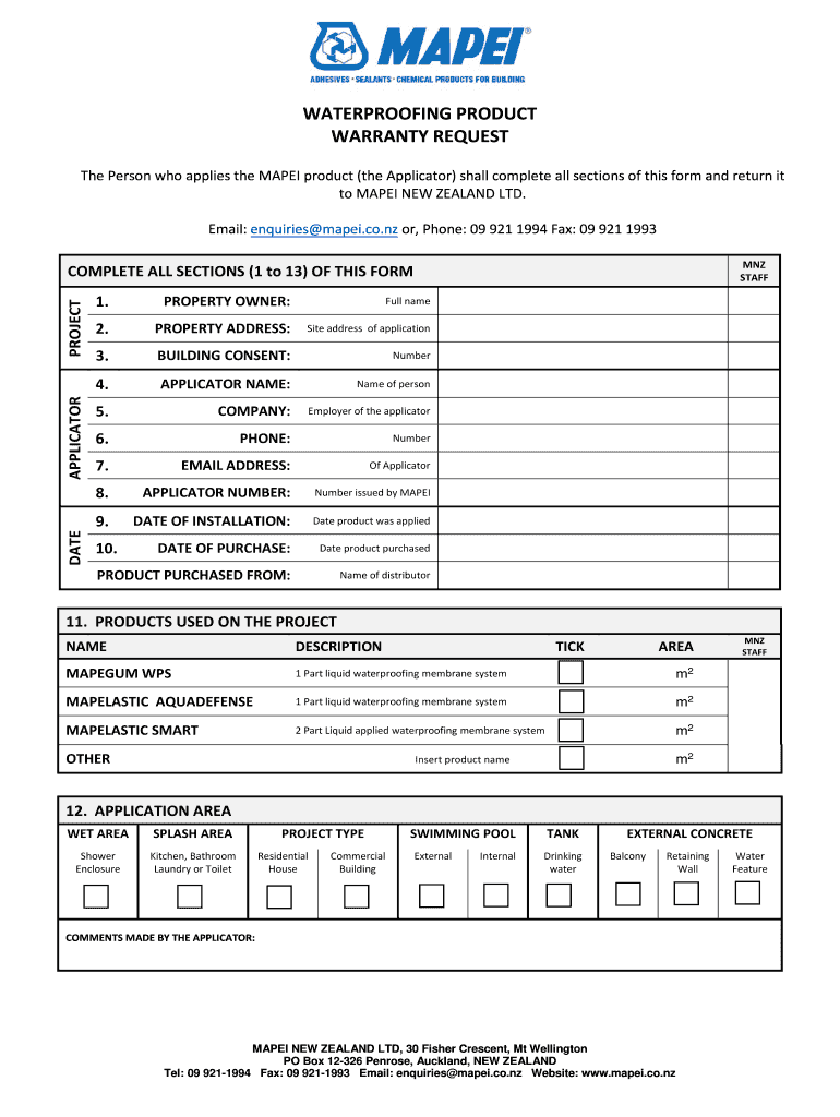 Mapei Waterproofing Warranty  Form