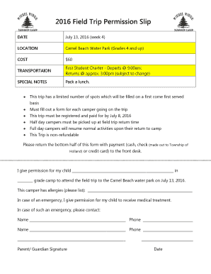 Water Park Permission Slip  Form