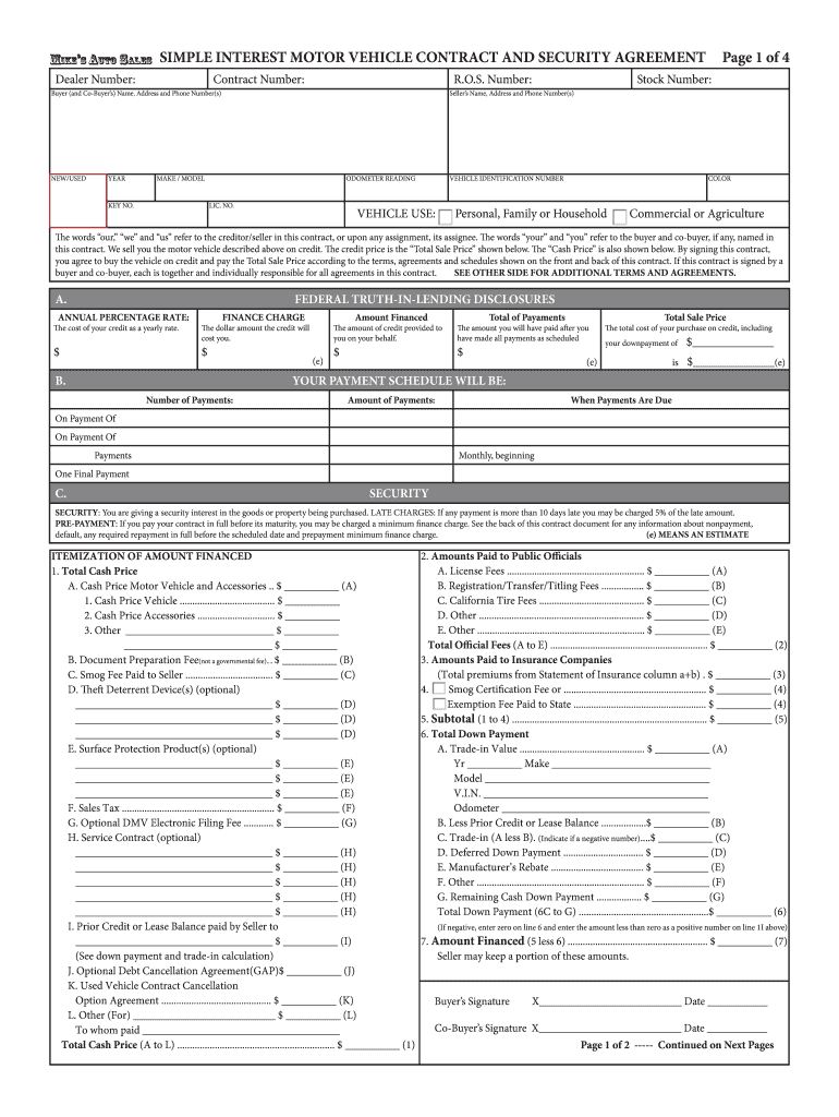 SIMPLE INTEREST MOTOR VEHICLE CONTRACT and  Form
