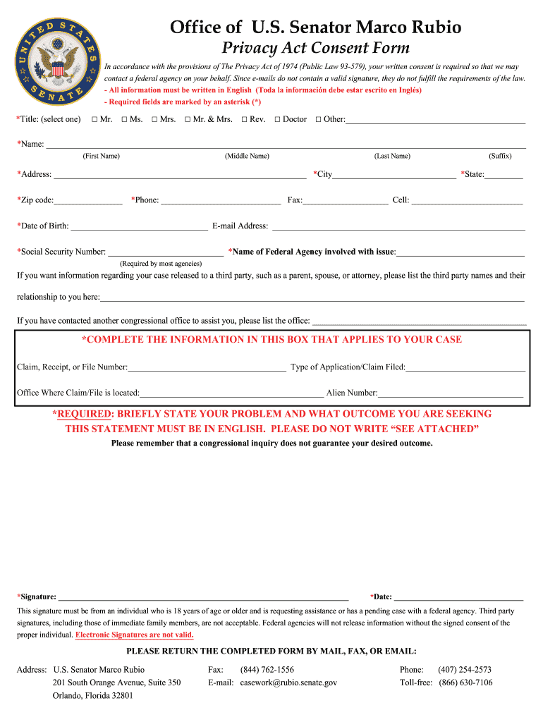 Marco Rubio Privacy Act Consent Form