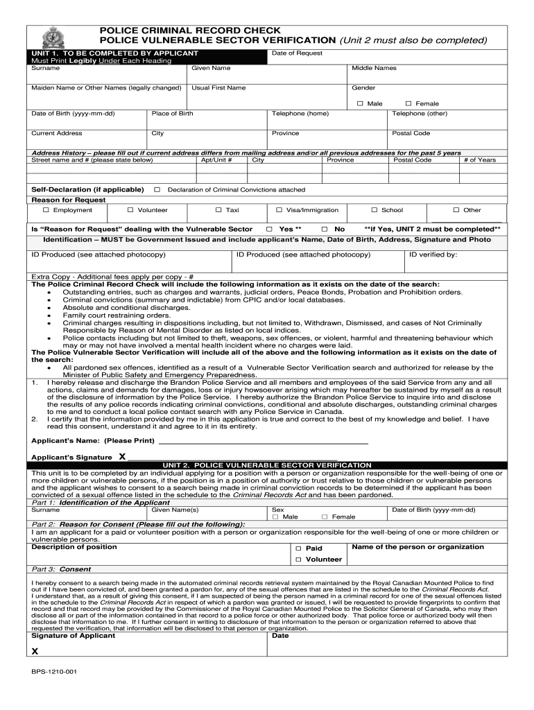 Brandon Police Criminal Record Check  Form
