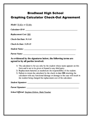 Graphing Calculator Check Out Agreement Brodhead K12 Wi  Form