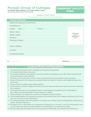 Punjab College Transport Fee  Form