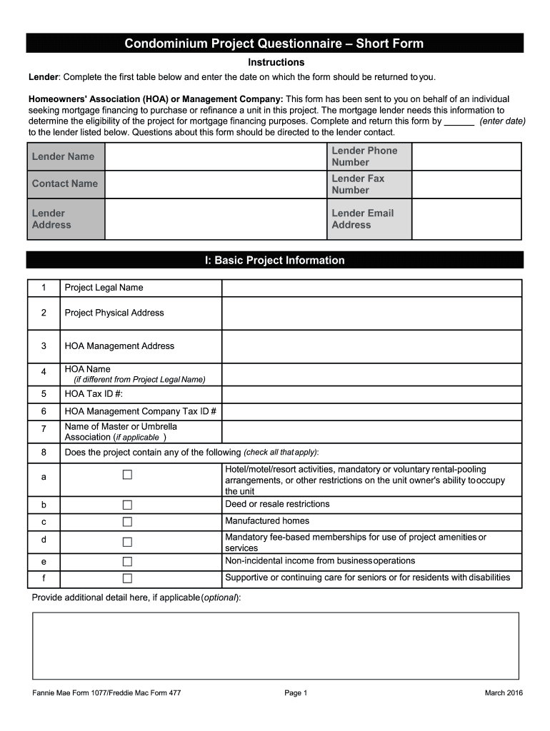  Short Form Condo Questionnaire 2016-2024