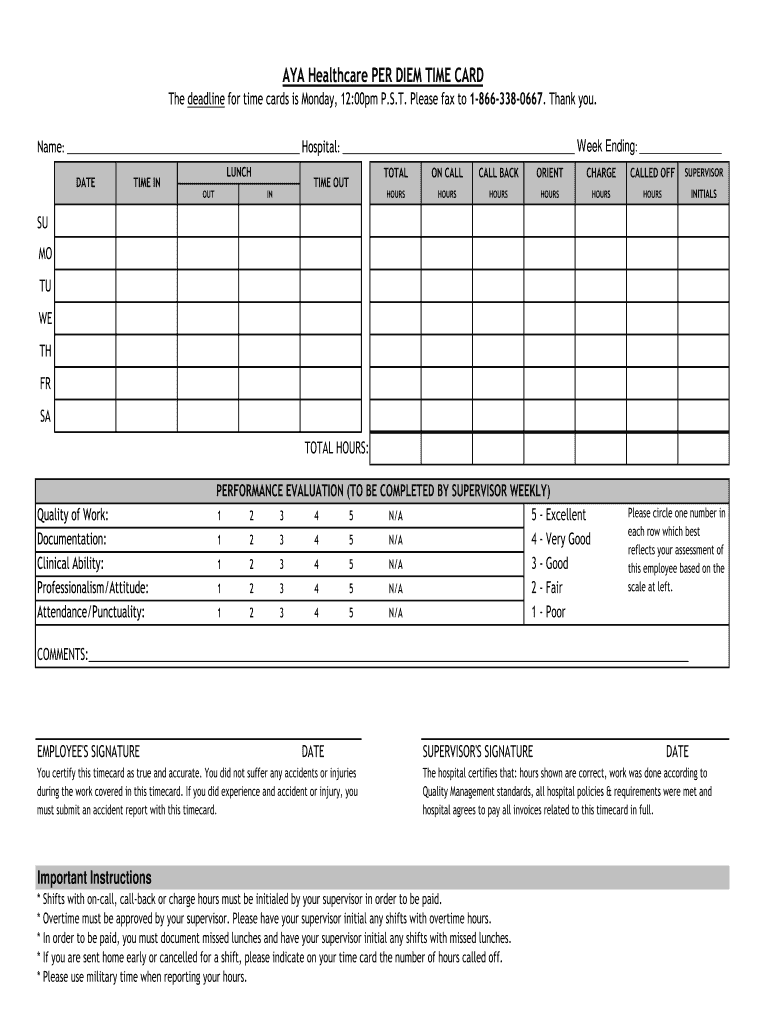 Aya Healthcare Timecard  Form