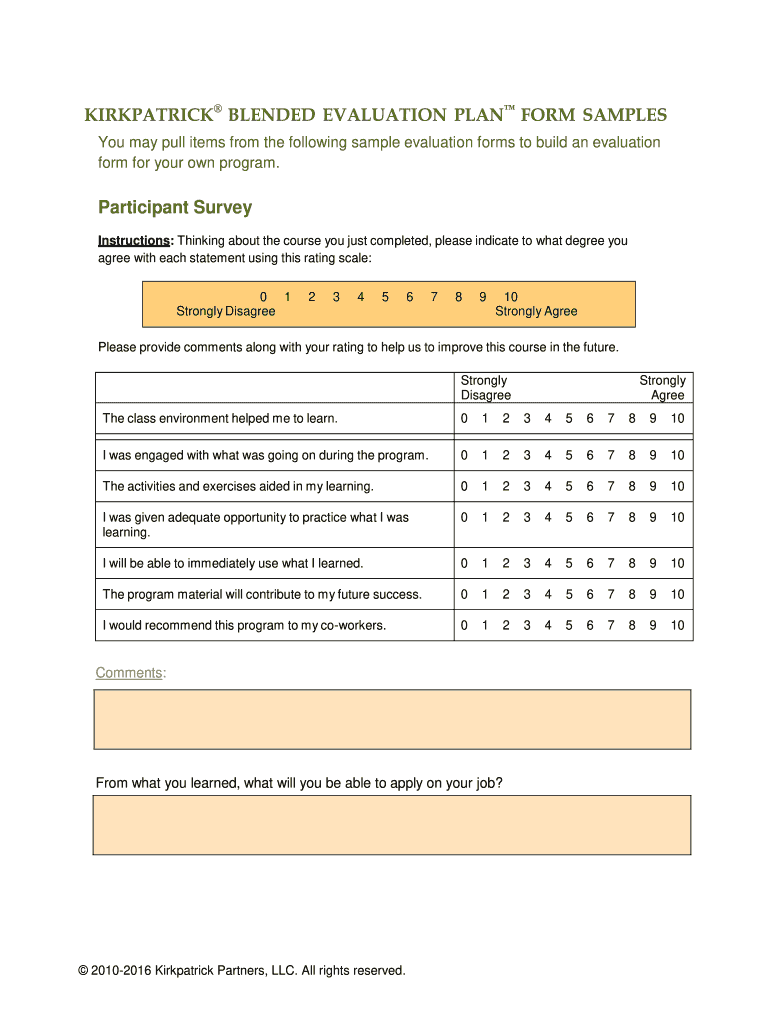 KIRKPATRICK BLENDED EVALUATION PLAN FORM SAMPLES