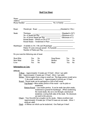 Beef Cut Sheet Template  Form