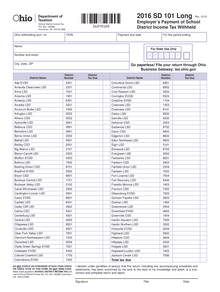  Ohio School District Form Sd 101 2016-2024