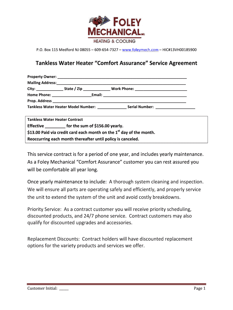 Download Tankless DHW Service Agreement Foley Mechanical  Form