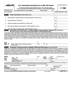  Form 8453 PE U S Partnership Declaration for an IRS E File Return Irs 2016