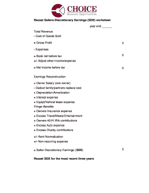 Seller&#039;s Discretionary Earnings Worksheet  Form