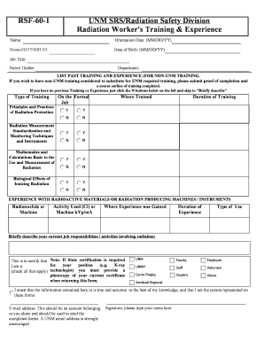 RADIATION WORKER S TRAINING and EXPERIENCE SHEET  Form