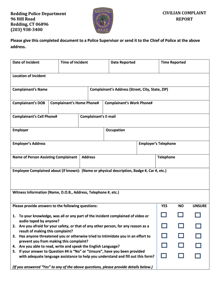 Redding Police Department Rpdct  Form