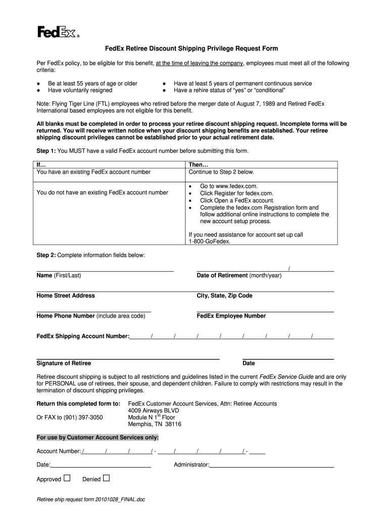Get and Sign Fedex Com Retiree Shipping Account 2010-2022 Form