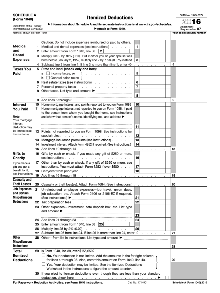  1040 Schedule a  Form 2016