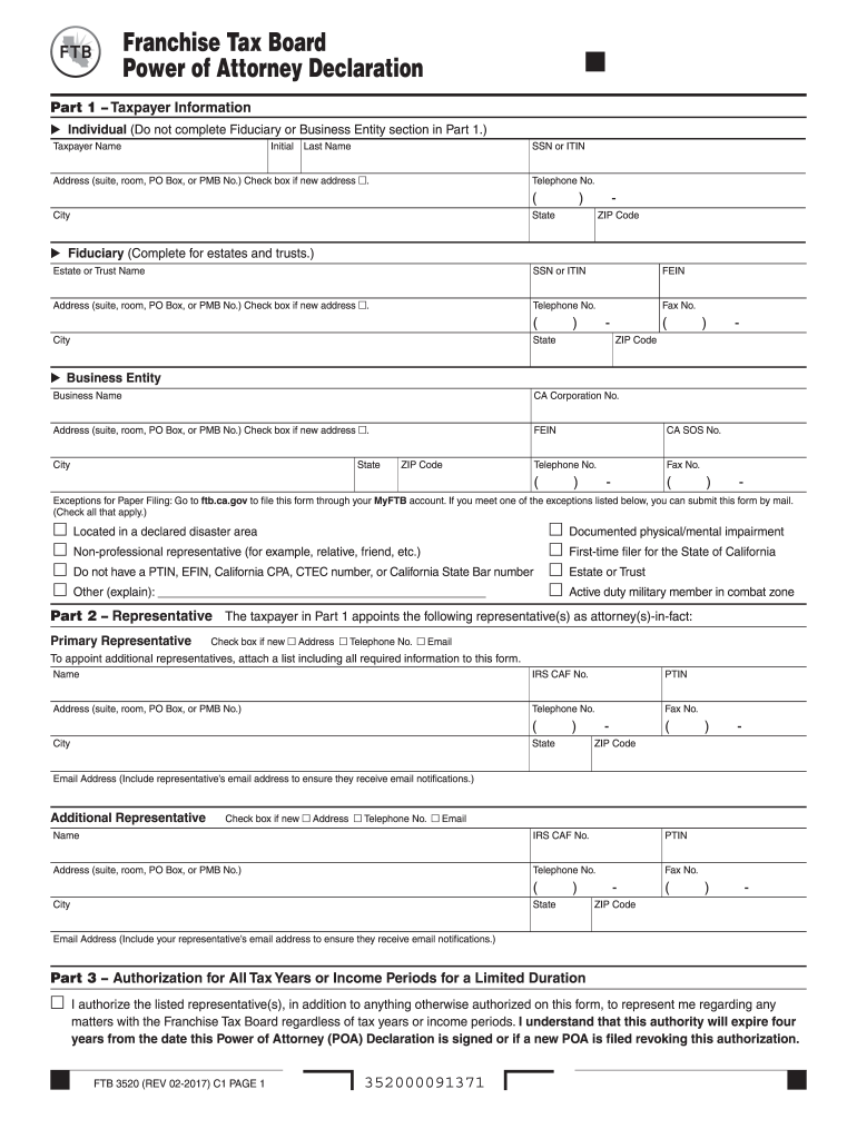  FTB 3520 Power of Attorney Declaration FTB 3520 Power of Attorney Declaration 2016