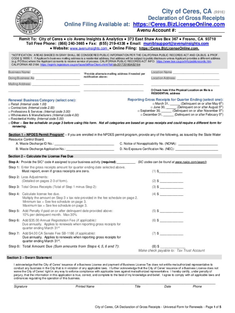 Renewal Declaration of Gross Receipts City of Ceres  Form